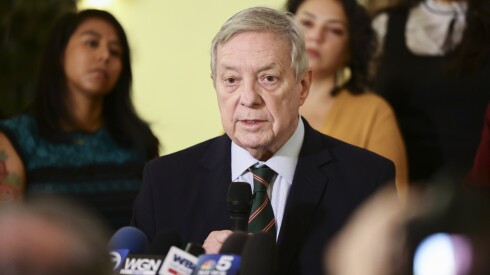 Illinois Senator Dick Durbin peaks about ICE operations and the ongoing government shutdown during a press conference addressing the ICE operations that resulted deployment of tear gas in Albany Park at Christ Lutheran Church at 3253 W Wilson Ave in Albany Park, Friday, Oct. 17, 2025. | Anthony Vazquez/Sun-Times