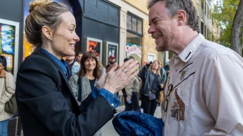 Joe Swanberg reunites with collaborator Olivia Wilde on opening night of Chicago Critics Film Fest outside the Music Box Theater on the North Side, Friday, May 1, 2026. | Meridian Eck/For the Sun-Times