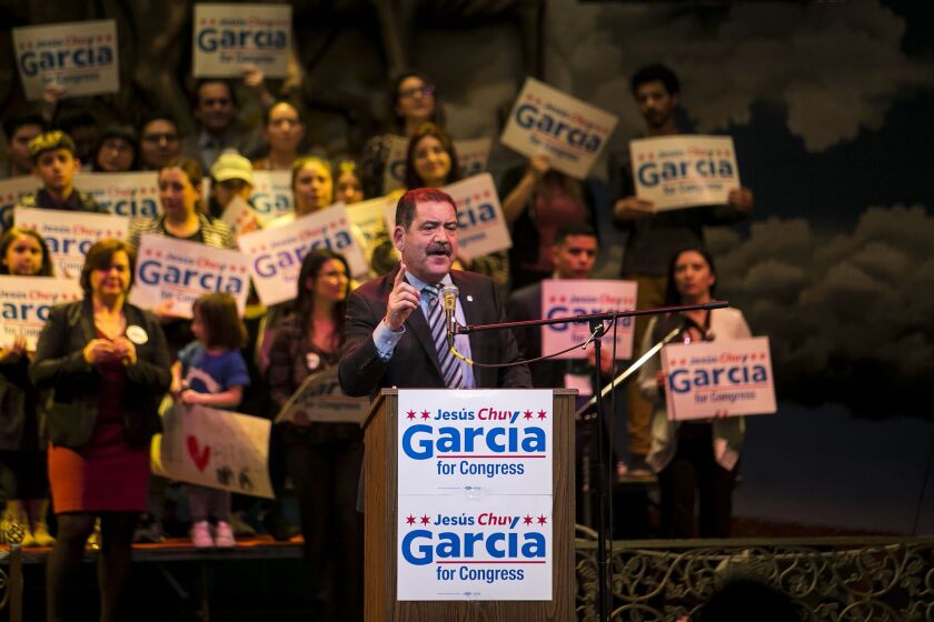 Cook County Commissioner Jesus “Chuy” Garcia rallies supporters for his Congressional bid in February. | Ashlee Rezin/Sun-Times
