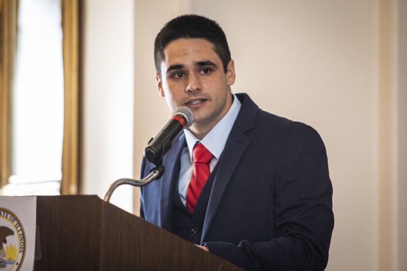 Edward Guerra Kodatt speaks during a committee hearing Sunday on the Southwest Side to decide who will take over for Illinois’ former Speaker of the House Mike Madigan as state representative in the 22nd House District seat, a position held by Madigan since 1971.