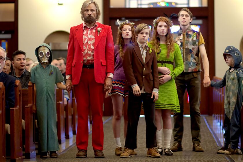 Shree Crooks as Zaja (from left), Viggo Mortensen as Ben, Samantha Isler as Kielyr, Nicholas Hamilton as Rellian, Annalise Basso as Vespyr, George MacKay as Bodevan, and Charlie Shotwell as Nai, in Matt Ross’ “Captain Fantastic.” | Cathy Kanavy / Bleecker