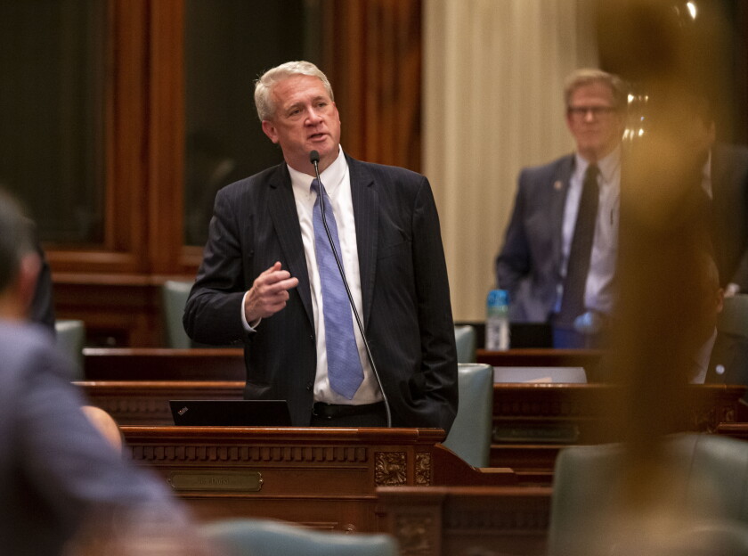 Then-House Republican leader Jim Durkin, R-Western Springs, gives his closing remarks on the floor of the Illinois House of Representatives on the last day of session at the Illinois State Capitol in Springfield June 1, 2021.