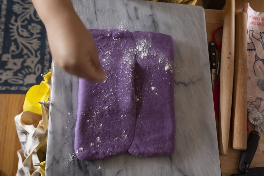 Ube croissants are hand-laminated by Mirachelle Anselmo, which can be challenging during the summer when warm temperatures make the folds of dough and pastry more difficult for her to work with. 