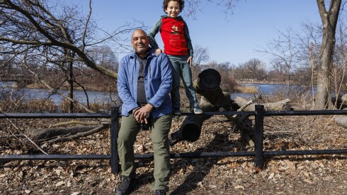 Eric Adams and his son Nathan, 7, spent Monday exploring Humboldt Park. Eric was trying to keep the youngster away from screens for a while.