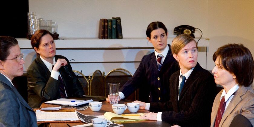Sheila Willis (from left), Cameron Feagin, Kat Evans, Julia Kessler and Maggie Cain star in “Thirteen Days” at City Lit Theater.