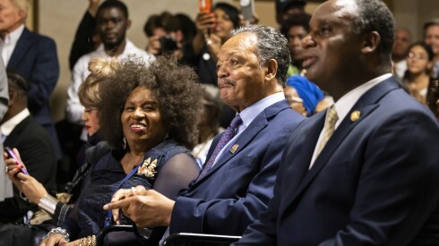 Flanked by family members, Rev. Jesse Jackson listens as speakers wish him a happy 83rd birthday during a celebration at City Hall, Tuesday, Oct. 8, 2024. | Ashlee Rezin/Sun-Times