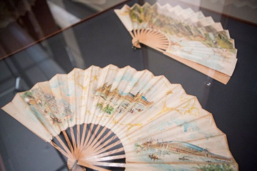 Souvenir fans of the 1893 Columbian Exposition are on display at “Pictures From an Exposition: Visualizing the 1893 World’s Fair,” a new exhibit of artifacts from the 1893 Chicago World’s Fair in the newly remodeled Newberry Library. | James Foster / Sun-