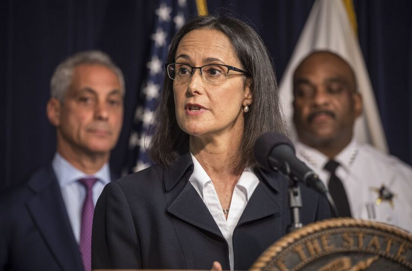 Illinois Attorney General Lisa Madigan filed a lawsuit in August seeking federal court oversight of the Chicago Police Department. She was joined at the announcement by Mayor Rahm Emanuel and Police Superintendent Eddie Johnson. | Rich Hein/Sun-Times
