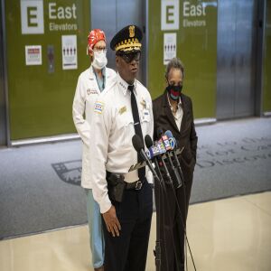 Chicago Police Supt. David Brown gives the media an update on an officer’s condition and investigation after the shooting of the off-duty police officer at the University of Chicago Medical Center in Hyde Park, Monday afternoon, March 15, 2021.