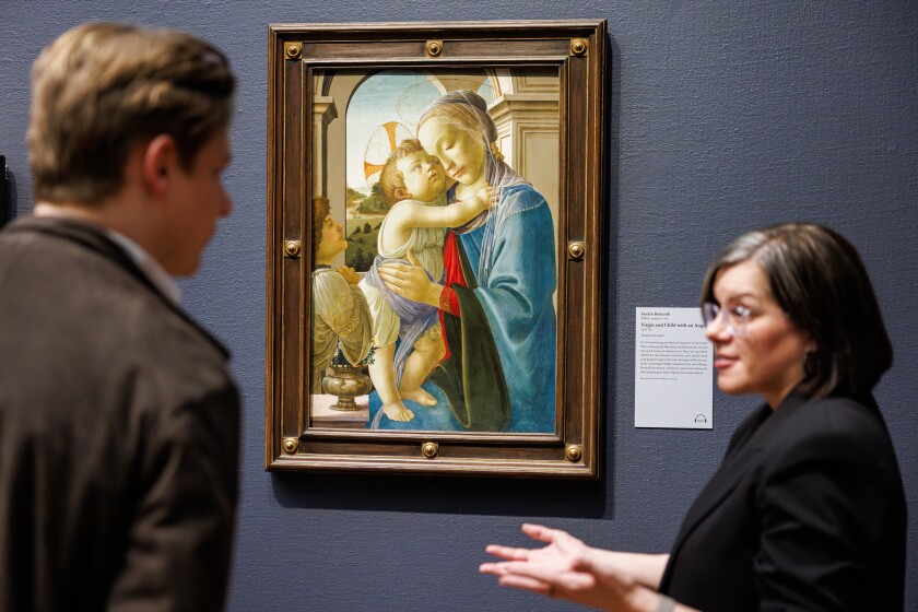 Klaus Makela, Music Director of the CSO, (left) and Rebecca J. Long, Patrick G. and Shirley W. Ryan Curator, speak about “Virgin and Child with an Angel” by Sandro Botticelli at the Art Institute of Chicago, Tuesday, Feb. 17, 2026.