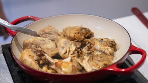 “Adobo,” which is chicken cooked in soy sauce and vinegar, is made from author Mia P. Manansala’s recipe at the Miele Experience Center Chicago at THE MART in River North, Wednesday, Nov. 12, 2025. | Pat Nabong/Sun-Times