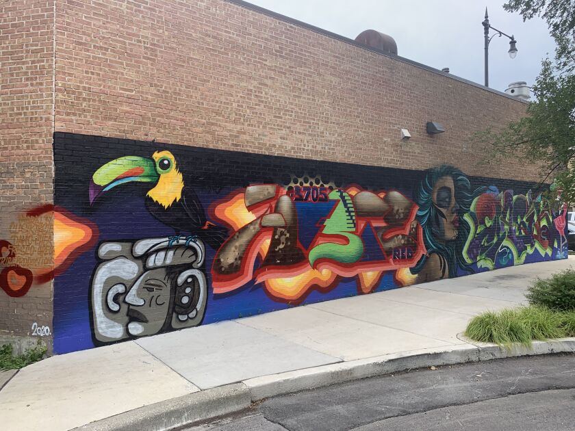 A wide view of the mural at Quiroga’s Detail & Hand Car Wash, 3389 N. Milwaukee Ave., completed in March.