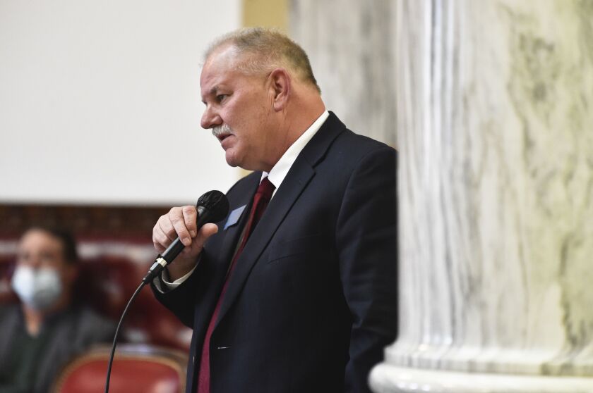 State Rep. Barry Usher, R-Billings, speaks during a meeting of the Joint Rules Committee on the House floor at the Montana State Capitol in Helena, Mont.