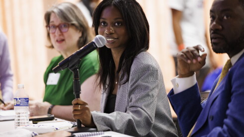 Cherie Animashaun, founder of Her Rising Initiative and Project Unloaded Youth Council alumna, gives comment during the presentation and judging of social media campaigns for Project Unloaded at the offices Havas Chicago at 24 E. Washington St. in the Loop, Thursday, July 30, 2026. Teams of students have developed original social media campaigns, complete with graphics, video, and copy, to educate their peers about the risks of gun ownership and encourage them not to own or use guns. | Anthony Vazquez/Sun-Times
