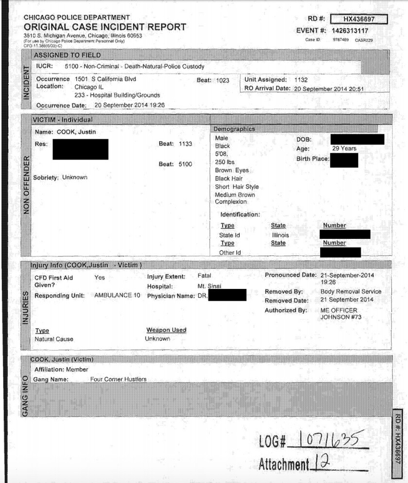 An excerpt from original incident report taken after Justin Cook’s death in 2014.