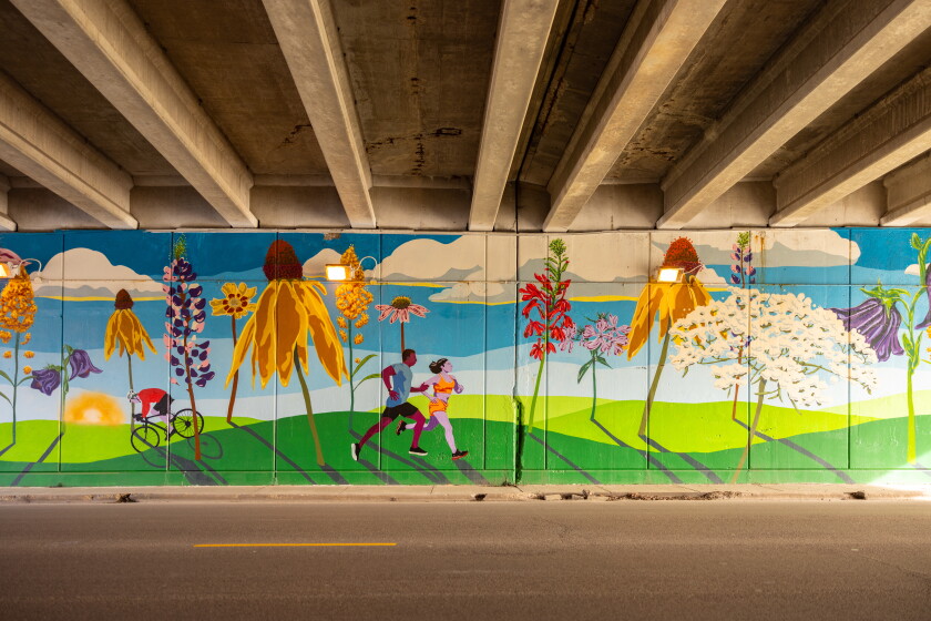 An underpass on the Far Northwest Side shows giant flowers native to Illinois, and runners passing by them.