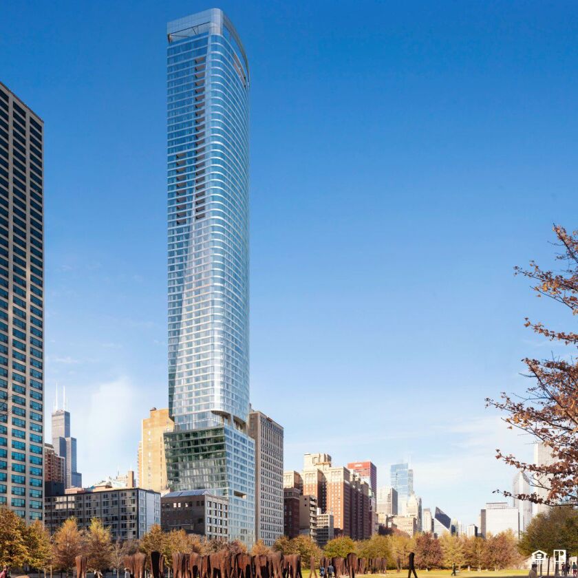 An artist’s rendering of the 1000M condo building going up at 1000 S. Michigan Ave. that will block sight of the bird mural next door.