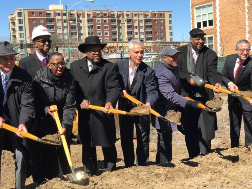 Mayor Rahm Emanuel and other local leaders at a groundbreaking event for a city-subsidized affordable housing project for senior citizens on the Near West Side Friday, April 7, 2017. | Fran Spielman for the Sun-Times