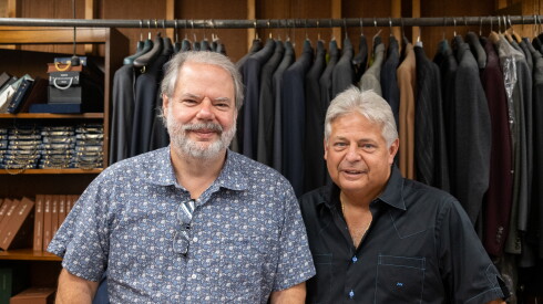 Tod (left) and Jay Greenfield on the sales floor at Martin Greenfield Clothiers in Brooklyn, New York, on August 11, 2026.