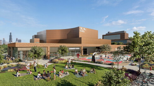 Rendering of the 1901 Project's Music Hall and West Park, with green space, walkways and recreation courts.