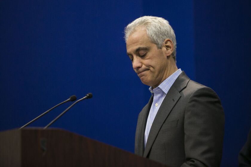 Mayor Rahm Emanuel discusses charges against 44-year-old Shomari Legghette in connection with the death of Chicago Police Cmdr. Paul Bauer during a press conference at department headquarters Wednesday afternoon, Feb. 14, 2018. | Ashlee Rezin/Sun-Times