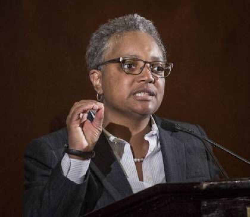 Lori Lightfoot speaking last month at the City Club of Chicago. | Rich Hein / Sun-Times