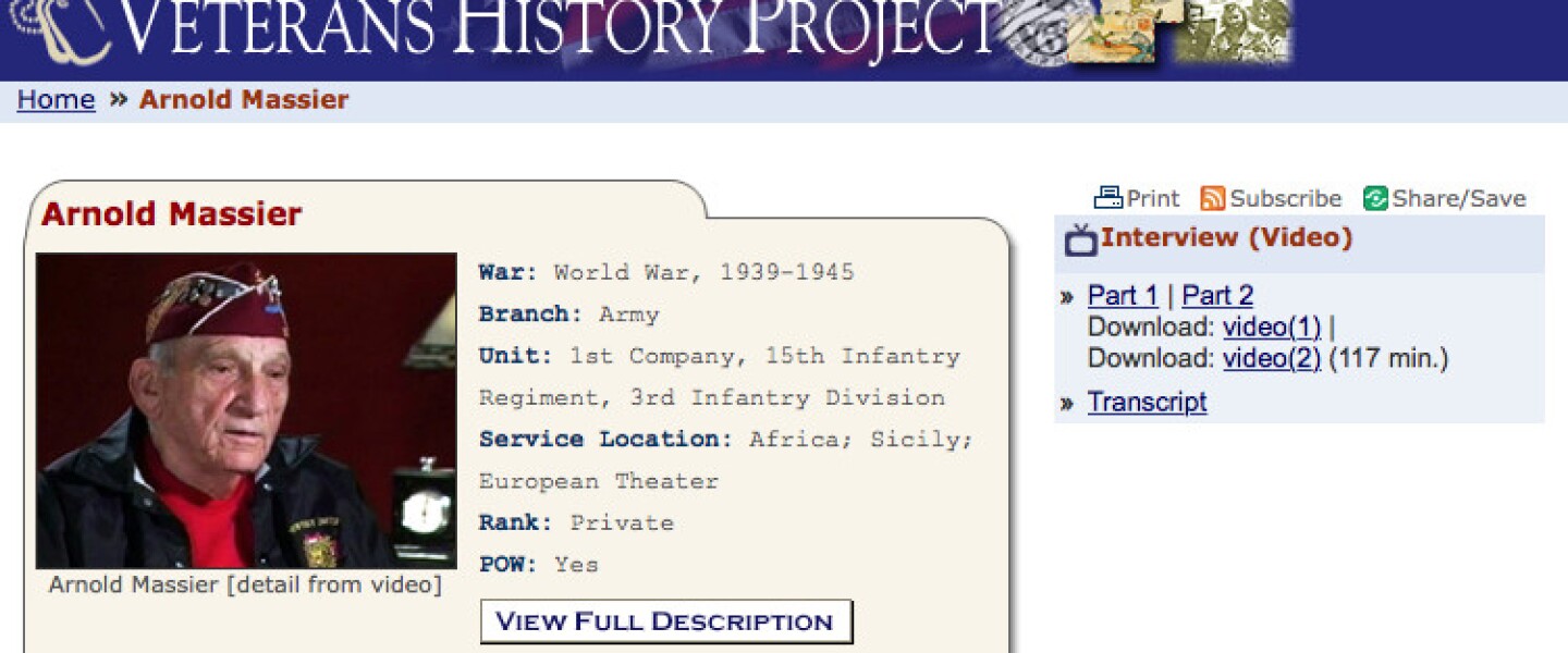 In 2007, Arnold Massier was interviewed for an oral history that became part of the Library of Congress’ Veterans History Project.