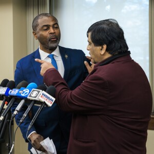 State Rep. La Shawn K. Ford (left) speaks with Resilience Healthcare CEO Manoj Prasad during a news conference Wednesday to explain the financial situation at West Suburban Medical Center in Oak Park and discuss the hospital's temporary closure and plans to try to reopen it.