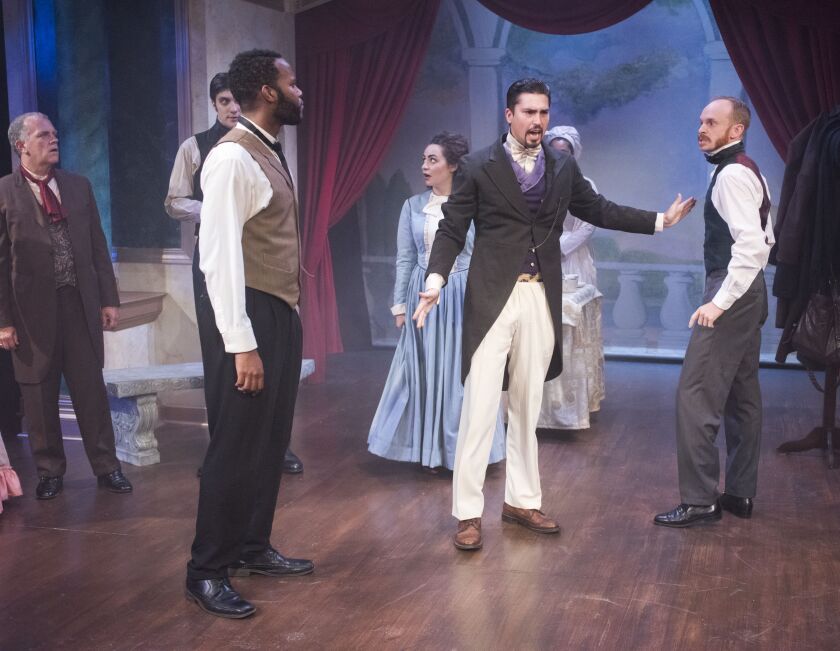 Brandon Greenhouse (from front left), plays actor Ira Aldridge, Matthew Klinger plays Pierre and Tyler Rich plays Charles Kean in the Raven Theatre production of “Red Velvet.” (Photo: Dean La Prairie)