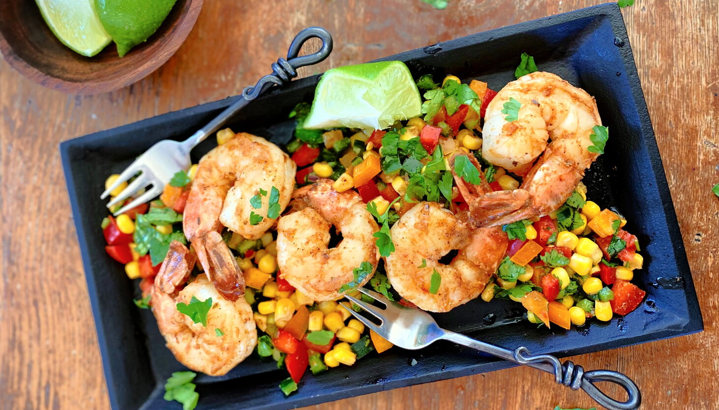 Create the perfect bite with spicy shrimp with sweet corn salsa