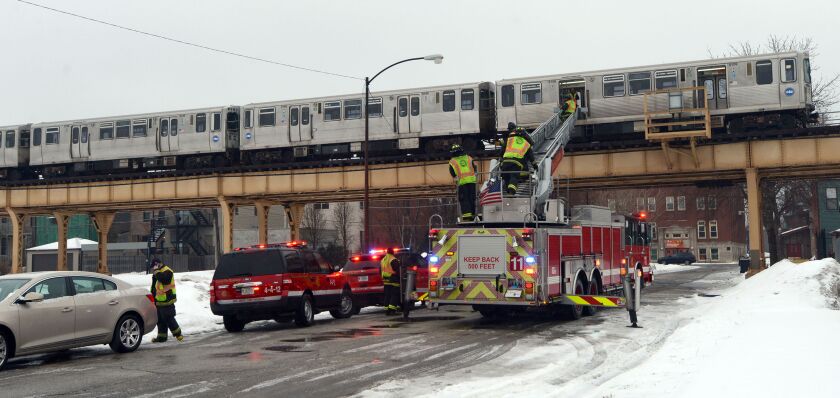 <small><strong>Firefighters responded on Tuesday morning to 37th and State streets, where passengers had to be moved from a stalled Green Line train. Another train had to back down the tracks to transfer and take the 27 passengers to their destinations. |