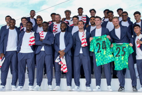 United States men's national soccer team pose after announcement of the team's roster on Tuesday, May 26, 2026, in New York.