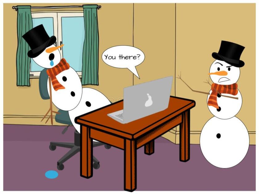 A snowman doing remote learning by Lewhat W., 11, a fifth-grader at Dr. Bessie Rhodes School of Global Studies in Skokie.