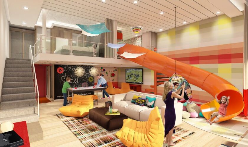 This image provided by Royal Caribbean shows the Ultimate Family Suite debuting on Symphony of the Seas, which will be the world’s largest cruise ship when it launches in spring. The luxury Family Suite sleeps eight and includes a two-story slide, private