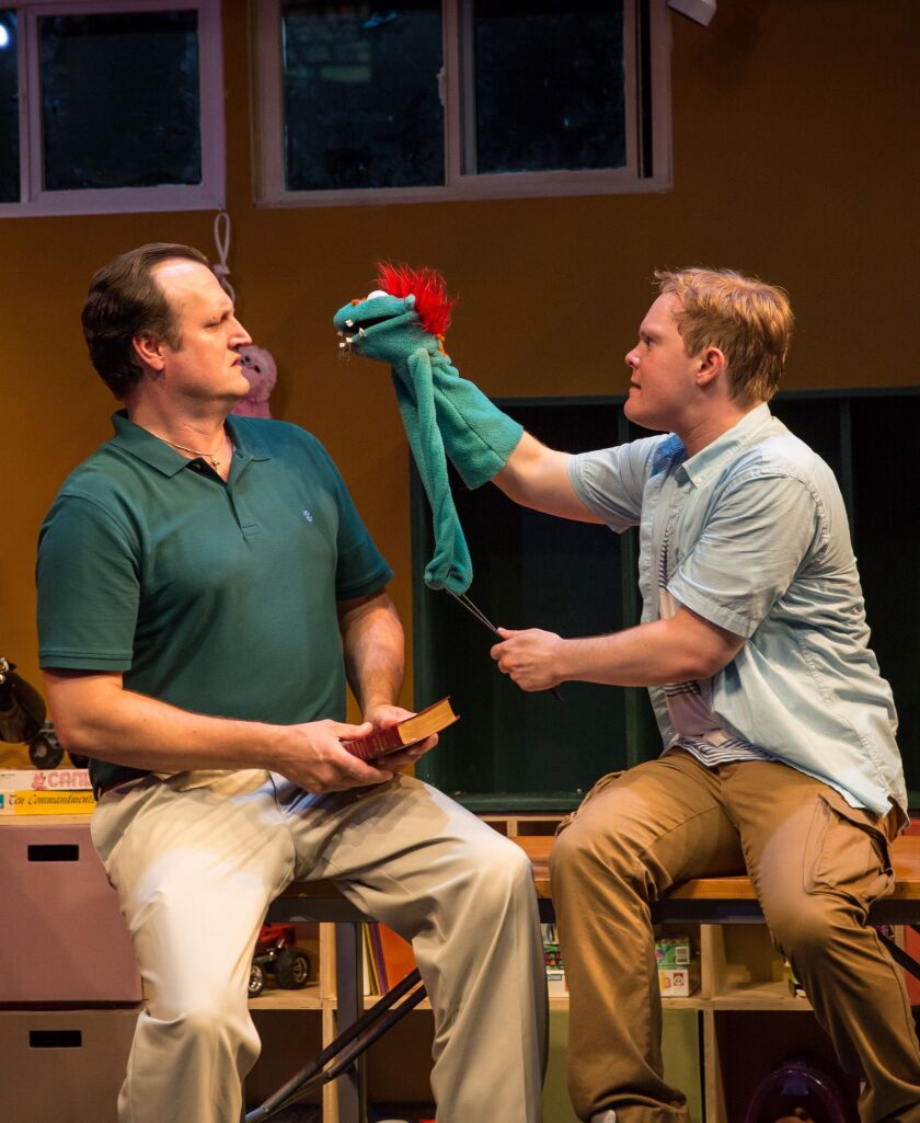 Eric Slater (left) and Alex Weisman in “Hand to God.” Photo by Liz Lauren