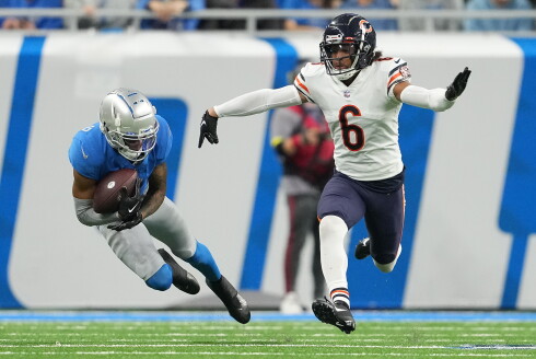 A photo of Kyler Gordon in coverage against the Lions.