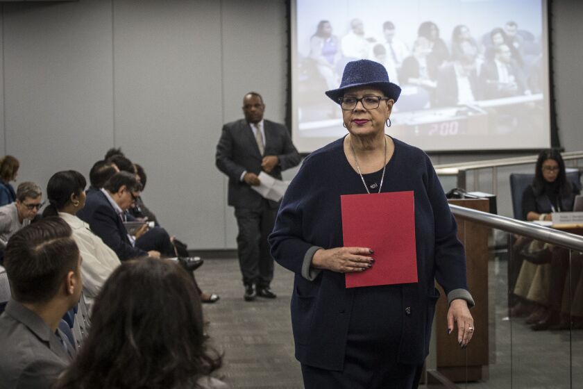 Chicago Teachers Union President Karen Lewis after speaking before the Chicago Board of Education during a budget hearing in 2017.