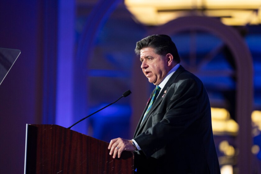 Gov. JB Pritzker speaks Friday during a Personal PAC luncheon at the Hilton Chicago in the Loop.