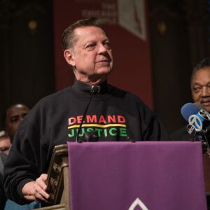 The Rev. Michael Pfleger speaks in support of Cook County State’s Attorney Kim Foxx. | Max Herman/For the Sun-Times
