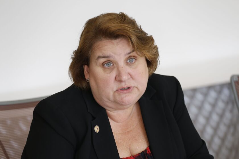 State Rep. Kathleen Willis addresses the Sun-Times Editorial Board in 2016.