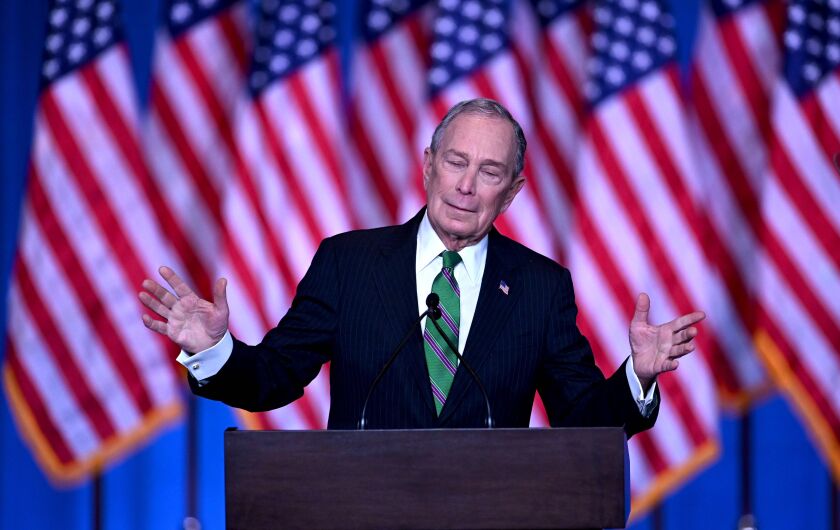Former Democratic presidential candidate and former New York City Mayor Mike Bloomberg speaks to supporters and staff on Wednesday in New York City.