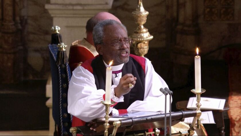 In this frame from video, the Most Rev. Michael Bruce Curry speaks during the wedding ceremony of Britain’s Prince Harry and Meghan Markle at St. George’s Chapel in Windsor Castle in Windsor, near London, England, Saturday, May 19, 2018. (UK Pool/Sky News