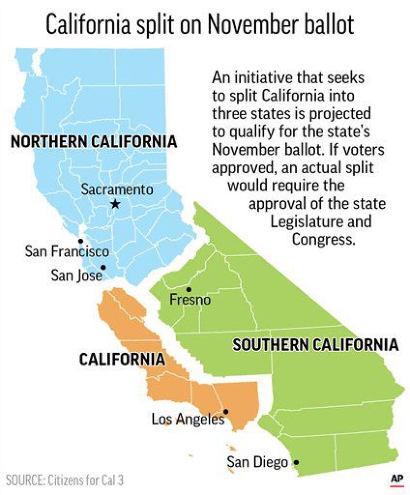 Graphic of the State of California shows the divisions of a proposed initiative to split the state into three states.
