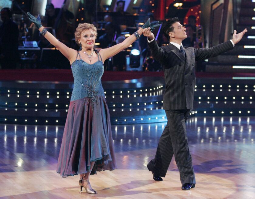 Cloris Leachman and her professional dance partner Corky Ballas perform on “Dancing With The Stars,” in 2008, in Los Angeles.