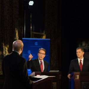 Rep. Peter Roskam participates in a debate with his Democratic challenger, Sean Casten at Union League Club of Chicago on July 26, 2018. | Max Herman/For the Sun-Times