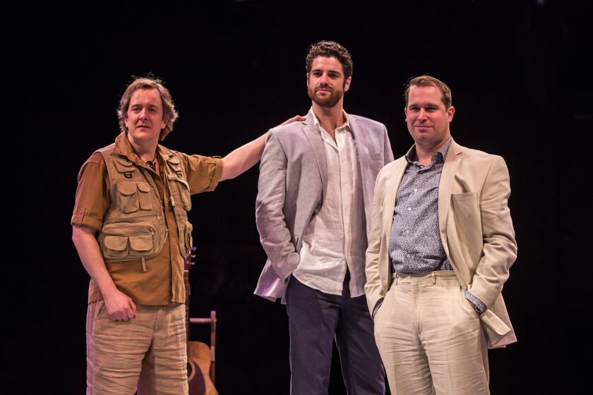 Derek Hasenstab (from left), Peter Saide and Karl Hamilton in the Marriott Theatre production of “Mamma Mia!” (Photo: Liz Lauren)