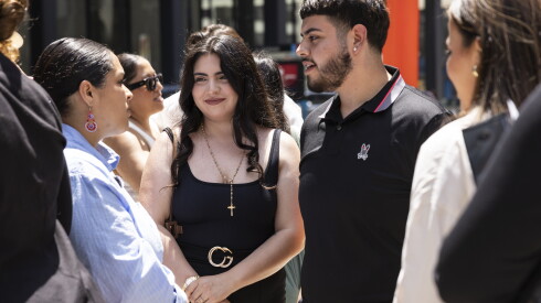 Siblings Estefany and Ezequiel Magdaleno chat with supporters Thursday after a news conference in Federal Plaza in the Loop to discuss lawsuits filed on their behalf, as well as three others whose rights were allegedly violated by ICE and Border Patrol agents during Operation Midway Blitz, Thursday, July 2, 2026.