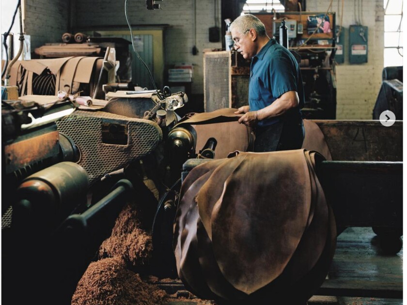 Gregorio Ortega shaves shell cordovan leather at Horween Leathers | Instagram photo