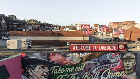 A baseball-themed mural in Dubuque painted by Connecticut artist DARCY in 2021.