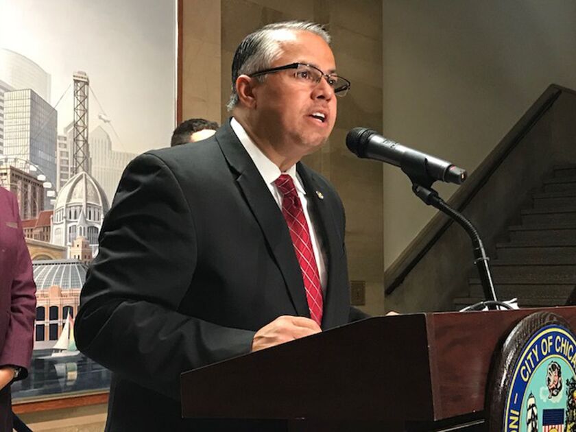 Ald. Gilbert Villegas (36th), chairman of the Chicago City Council’s Hispanic Caucus, at a City Hall news conference Wednesday. | Fran Spielman/Sun-Times<br>